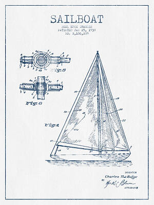 Transportation Digital Art Rights Managed Images - Sailboat Patent Drawing From 1938  -  Blue Ink Royalty-Free Image by Aged Pixel