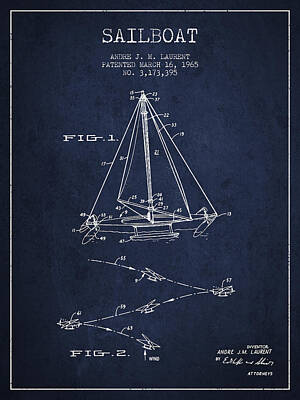 Transportation Digital Art Royalty Free Images - Sailboat Patent from 1965 - Navy Blue Royalty-Free Image by Aged Pixel