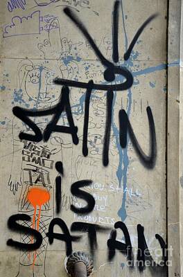 Vintage College Subway Signs Color - Satin is Satan graffiti - Bucharest Romania by Imran Ahmed