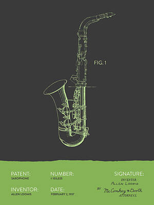 Musicians Digital Art - Saxophone Patent From 1937 - Gray Green by Aged Pixel
