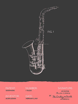 Musicians Digital Art Royalty Free Images - Saxophone Patent From 1937 - Gray Salmon Royalty-Free Image by Aged Pixel