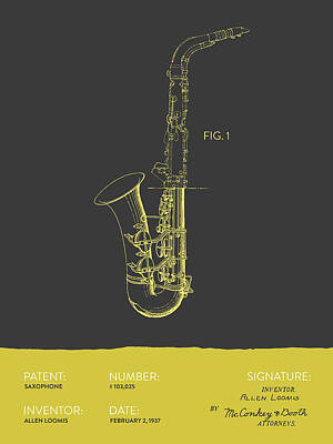 Musicians Digital Art - Saxophone Patent From 1937 - Gray Yellow by Aged Pixel