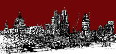 London Skyline Royalty Free Images - Dark Ink with bright scarlet red London skyline Royalty-Free Image by Adendorff Design