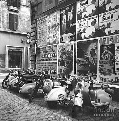 Transportation Photos - Scooters and Motorcycles on a Street in Rome 1955 by The Harrington Collection