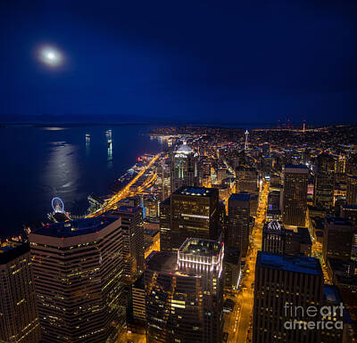 1-feathers - Seattle Downtown Moonrise by Mike Reid