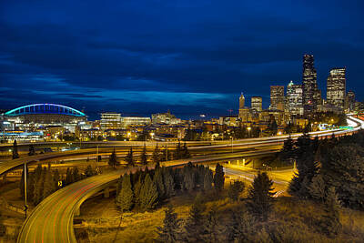 Gary Grayson Pop Art - Seattle Downtown Skyline and Freeway at Twilight by Jit Lim