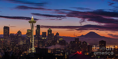 Lights Camera Action - Seattle Fog Sunrise Purples by Mike Reid