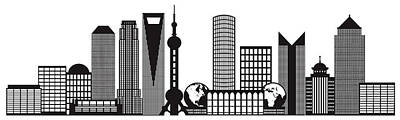 Abstract Skyline Photos - Shanghai City Skyline Black and White Outline Illustration by Jit Lim