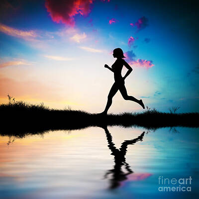 Athletes Royalty Free Images - Silhouette of woman running at sunset Royalty-Free Image by Michal Bednarek