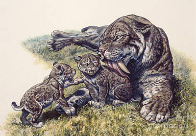 Mammals Royalty-Free and Rights-Managed Images - Smilodon Sabertooth Mother And Her Cubs by Mark Hallett