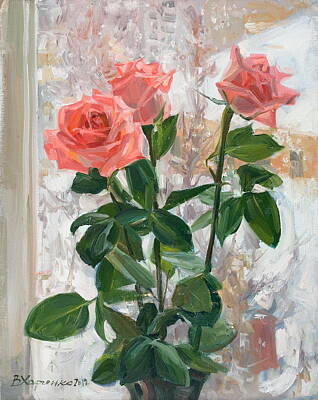 Roses Paintings - Snow roses by Victoria Kharchenko