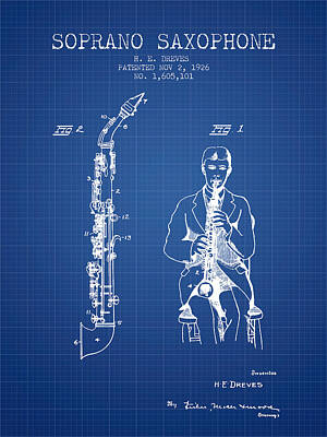Musician Digital Art - Soprano Saxophone patent from 1926 - Blueprint by Aged Pixel