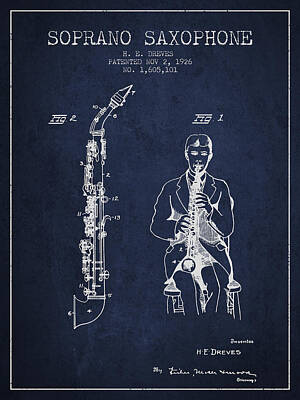 Musician Digital Art - Soprano Saxophone patent from 1926 - Navy Blue by Aged Pixel