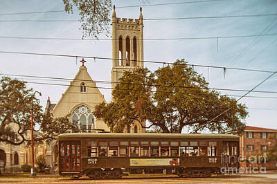 Jazz Photos - St. Charles Streetcar driving by Christ Church Cathedral in New Orleans Garden District - Louisiana by Silvio Ligutti