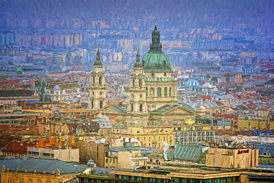 Skylines Royalty Free Images - St Stephens Basilica from Gellert Hill Painterly Royalty-Free Image by Joan Carroll