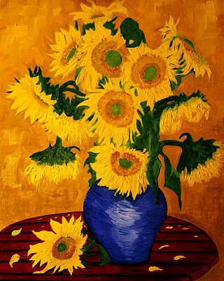 Still Life Drawings Rights Managed Images - Still Life - Blue Vase with 13 Sunflowers Royalty-Free Image by Jose A Gonzalez Jr