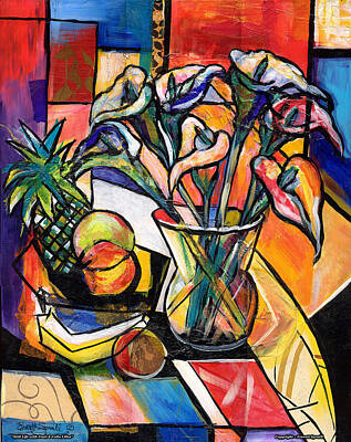 Jazz Painting Royalty Free Images - Still Life with Fruit and Calla Lilies Royalty-Free Image by Everett Spruill