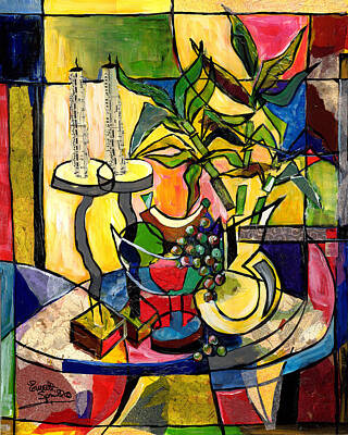 Wine Paintings - Still Life with Fruit Candles and Bamboo by Everett Spruill
