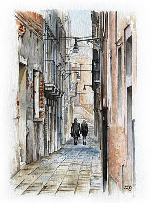 Landmarks Royalty-Free and Rights-Managed Images - Street in Venice - Watercolor - Yakubovich by Elena Daniel Yakubovich