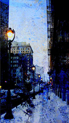 Driveby Photos - Street Lamp and Blue Abstract Painting by Anita Burgermeister