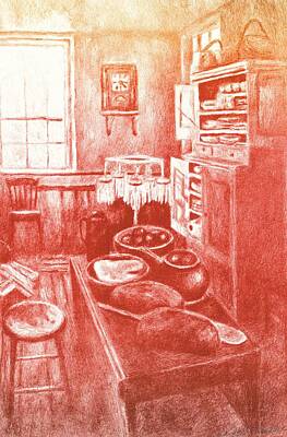 Impressionism Drawings - Sunny Old Fashioned Kitchen by Kendall Kessler