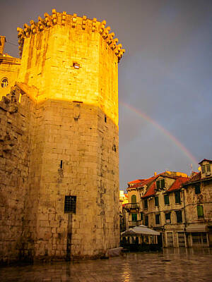 Airplane Paintings Royalty Free Images - Sunrise and Rainbow over Split Croatia Royalty-Free Image by Anthony Doudt