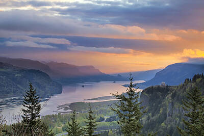 Vintage Uk Posters - Sunrise Over Crown Point at Columbia River Gorge by Jit Lim