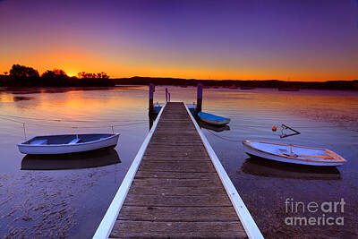 Animal Portraits Royalty Free Images - Sunset moorings and boat jetty in a little cove Australia Royalty-Free Image by Leah-Anne Thompson