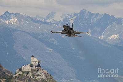 Vintage Movie Posters Royalty Free Images - Swiss Air Force F-5e Tigers Above Sion Royalty-Free Image by Timm Ziegenthaler