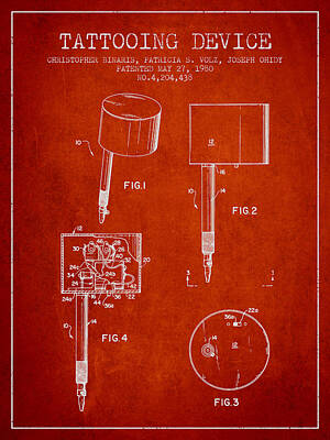 Painted Wine - Tattooing Device Patent From 1980 - red by Aged Pixel