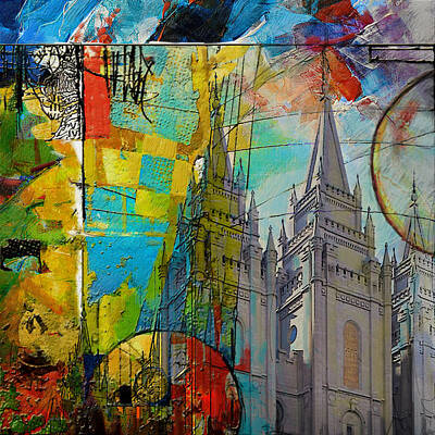 Skylines Paintings - Temple Square at Salt Lake City by Corporate Art Task Force