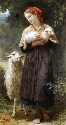 Mammals Digital Art Rights Managed Images - The Newborn Lamb Royalty-Free Image by William Bouguereau