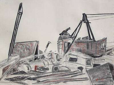 Best Sellers - Impressionism Drawings - The Old Berkeley Marina Junk Heap on a Foggy Day by Asha Carolyn Young