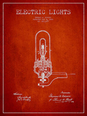 Revolutionary War Art - Thomas Edison Electric Lights Patent from 1880 - Red by Aged Pixel
