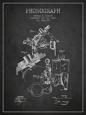 Lovely Lavender - Thomas Edison Phonograph patent from 1889 - Charcoal by Aged Pixel