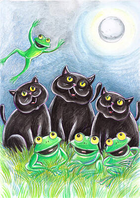 Comics Drawings - Three Black Cats And A Frog by GRAAL Publishing