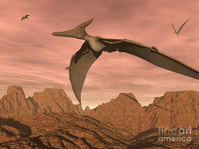 Landscapes Digital Art - Three Pteranodon Dinosaurs Flying by Elena Duvernay