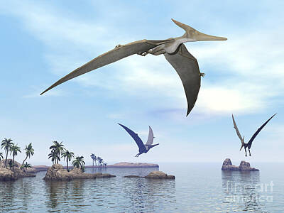 Reptiles Royalty Free Images - Three Pteranodons Flying Over Landscape Royalty-Free Image by Elena Duvernay
