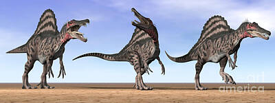 Reptiles Digital Art - Three Spinosaurus Dinosaurs Standing by Elena Duvernay