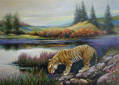 Animals Paintings - Tiger by the river by Svitozar Nenyuk