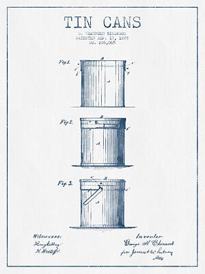 Beer Digital Art - Tin Cans Patent Drawing from 1878 - Blue Ink by Aged Pixel