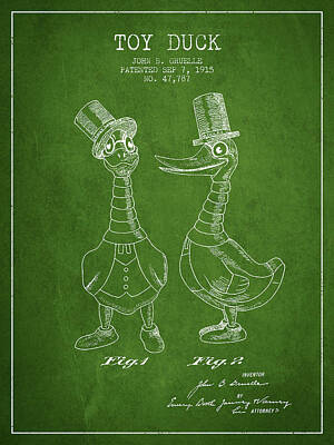 Birds Digital Art - Toy Duck patent from 1915 - male - Green by Aged Pixel
