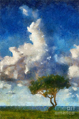 Wild Horse Paintings - Tree and Clouds by Bill Piacesi