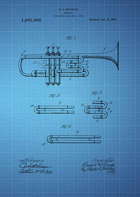 Christmas Typography - Trumpet patent from 1919 - Blue by Chris Smith