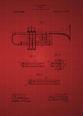 Door Locks And Handles - Trumpet patent from 1919 - Red by Chris Smith