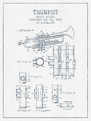 Music Digital Art - Trumpet Patent from 1939 - Blue Ink by Aged Pixel
