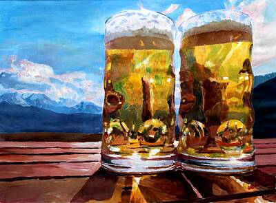 Best Sellers - Beer Paintings - Two Glasses of Beer with Mountains by M Bleichner