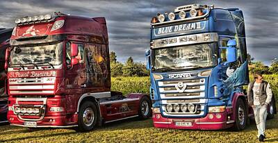 Modern Man Bar - Two European cabover trucks at show in France. DAF and Scania by Mick Flynn