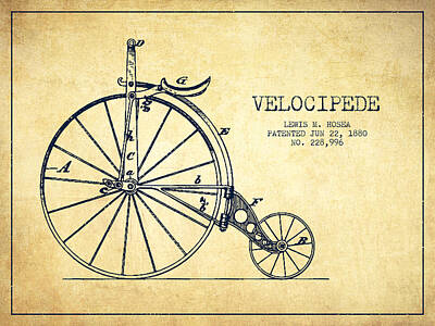 Transportation Digital Art - Velocipede Patent Drawing from 1880 - Vintage by Aged Pixel