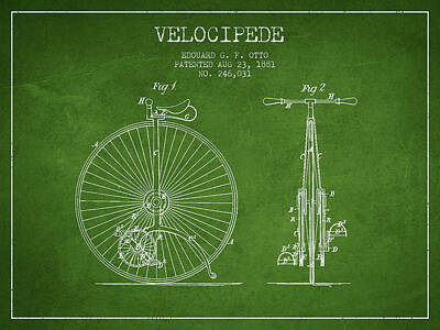 Transportation Digital Art Rights Managed Images - Velocipede Patent Drawing from 1881 - Green Royalty-Free Image by Aged Pixel